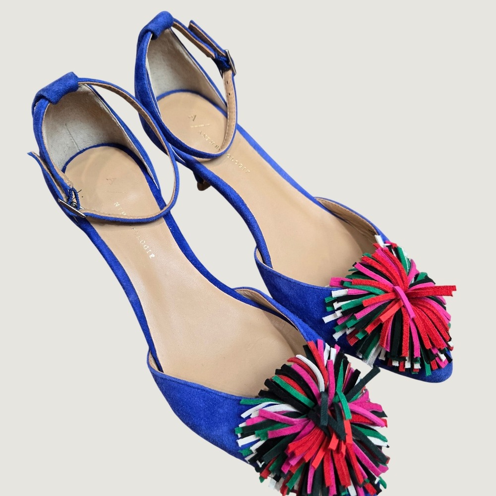 Anthropologie Blue Suede Pom Pom Ankle Strap Kitten Heels 8.5 Artsy Eclectic